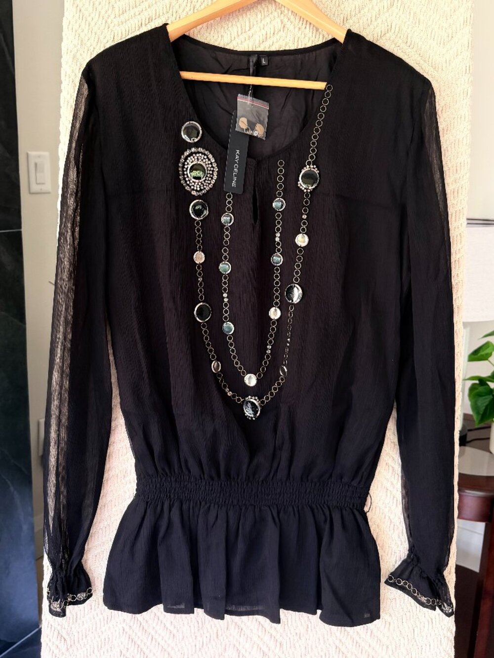 NWT Kay Celine Black Embellished Peplum Blouse Size L
